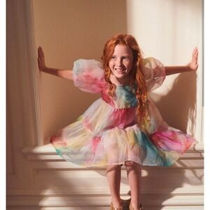 Next Kids Watercolor Puff Sleeve Tiered Organza Party Dress Multi Color